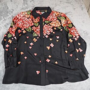Bob Mackie Wearable Art 100% Silk Button Up Womens 1X Black Floral Beaded Blouse